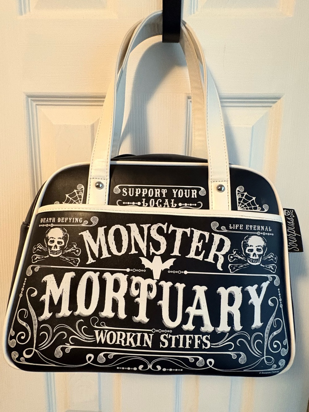 Sourpuss Black and White "Monster Mortuary" Shoulder Tote